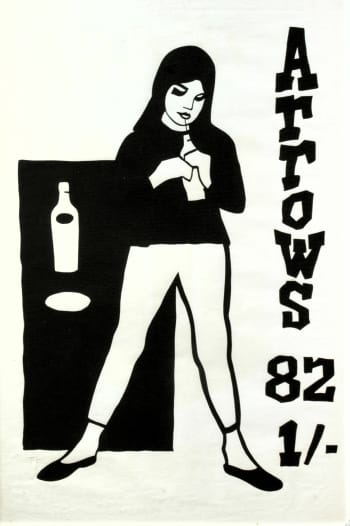 Acover of "Arrows" featuring a black and white drawing of a woman standing next to a bottle, with text and numbers on the paper.